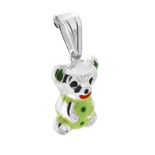 Ciondolo bombato, effetto tridimensionale, per Bimbo e Bimba, a forma di Orsetto con applicazione smalto colore Verde.<BR>Made in Italy