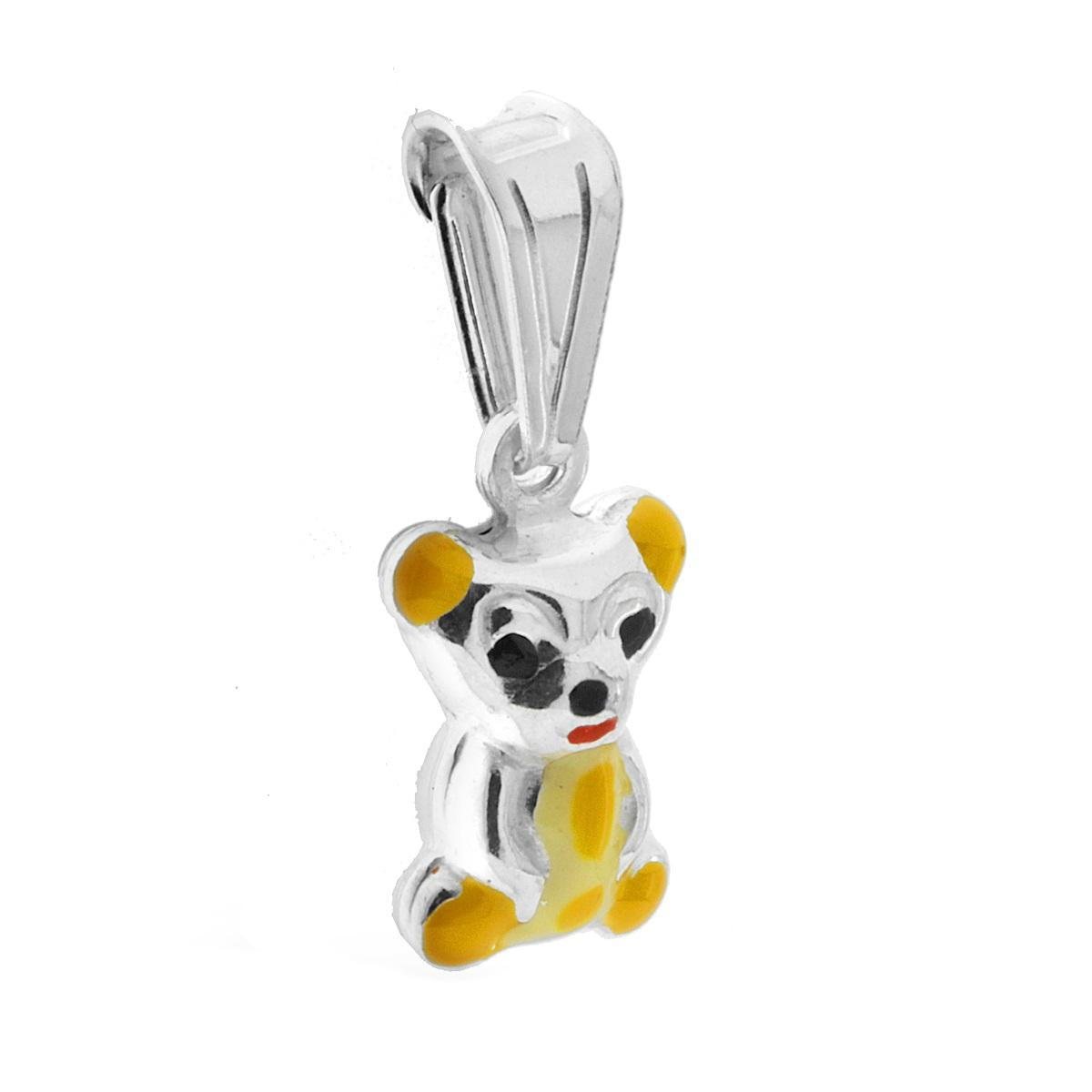 Ciondolo bombato, effetto tridimensionale, per Bimbo e Bimba, a forma di Orsetto con applicazione smalt colore Giallo.<BR>Made in Italy