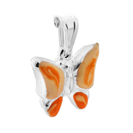 Ciondolo bombato, effetto tridimensionale, per Bimbo e Bimba, a forma di Farfalla con applicazione smalto colore Arancione.<BR>Made in Italy