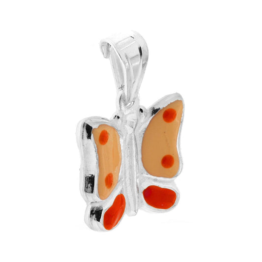 Ciondolo bombato, effetto tridimensionale, per Bimbo e Bimba, a forma di Farfalla con applicazione smalto colore Arancione.<BR>Made in Italy