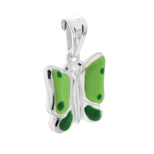 Ciondolo bombato, effetto tridimensionale, per Bimbo e Bimba, a forma di Farfalla con applicazione smalto colore Verde.<BR>Made in Italy