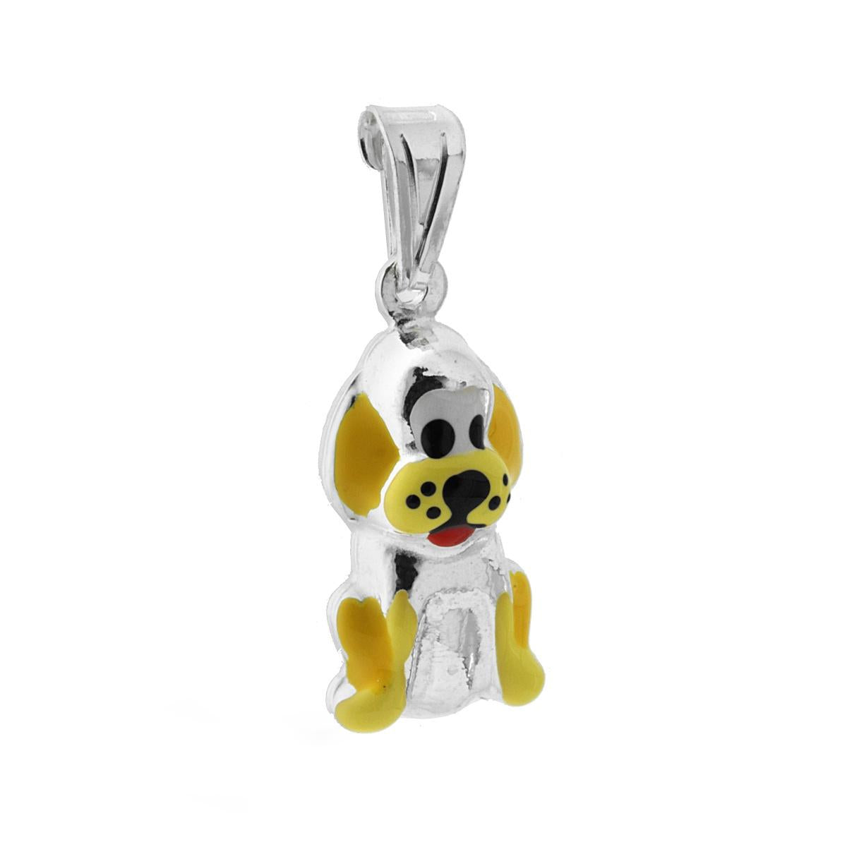 Ciondolo bombato, effetto tridimensionale, per Bimbo e Bimba, a forma di Cagnolino con applicazione smalto colore Giallo.<BR>Made in Italy