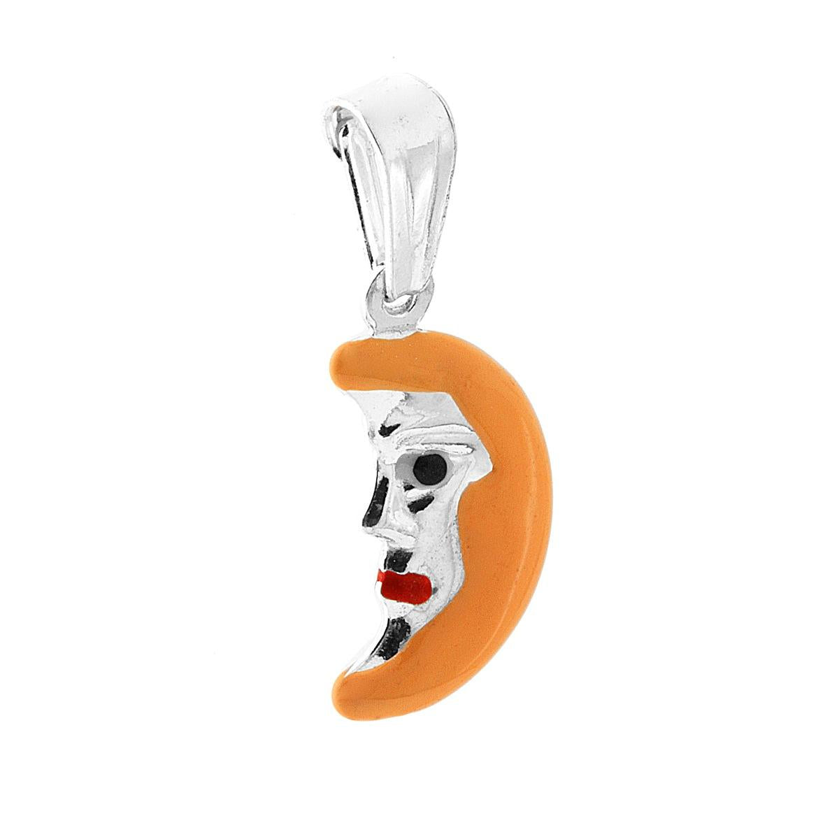 Ciondolo bombato, effetto tridimensionale, per Bimbo e Bimba, a forma di Luna con applicazione smalto colore Arancione.<BR>Made in Italy
