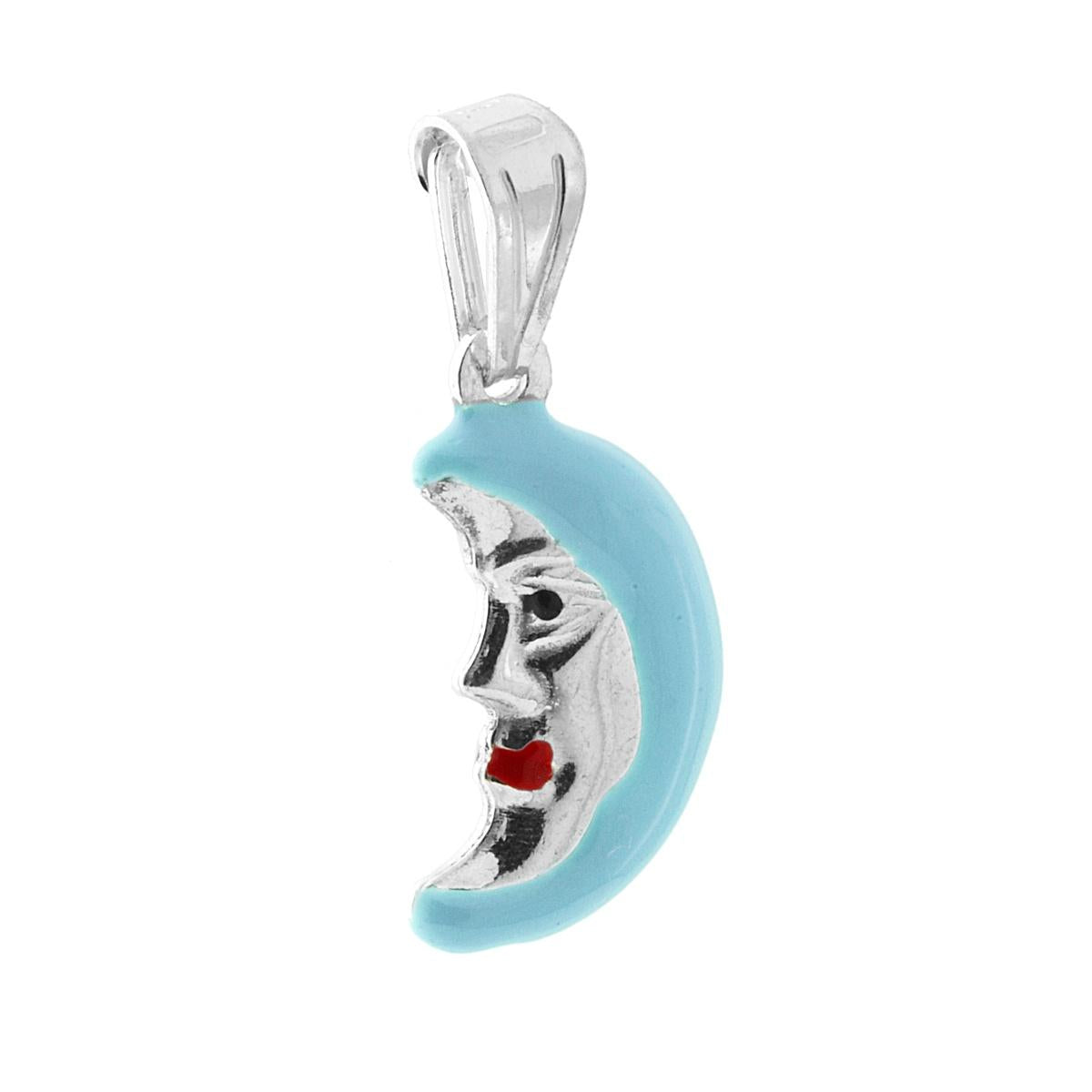 Ciondolo bombato, effetto tridimensionale, per Bimbo e Bimba, a forma di Luna con applicazione smalto colore Azzurro.<BR>Made in Italy