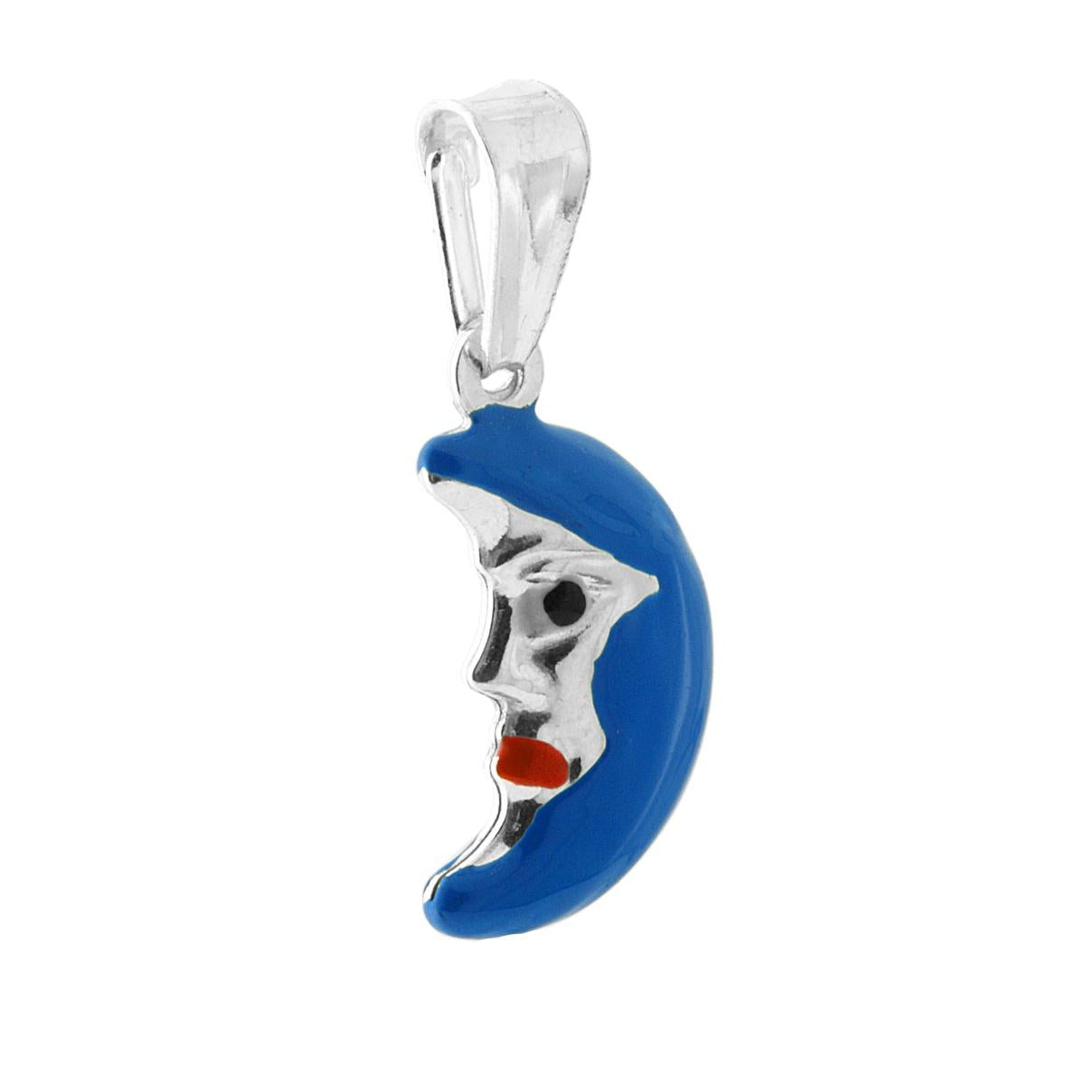 Ciondolo bombato, effetto tridimensionale, per Bimbo e Bimba, a forma di Luna con applicazione smalto colore Blu.<BR>Made in Italy