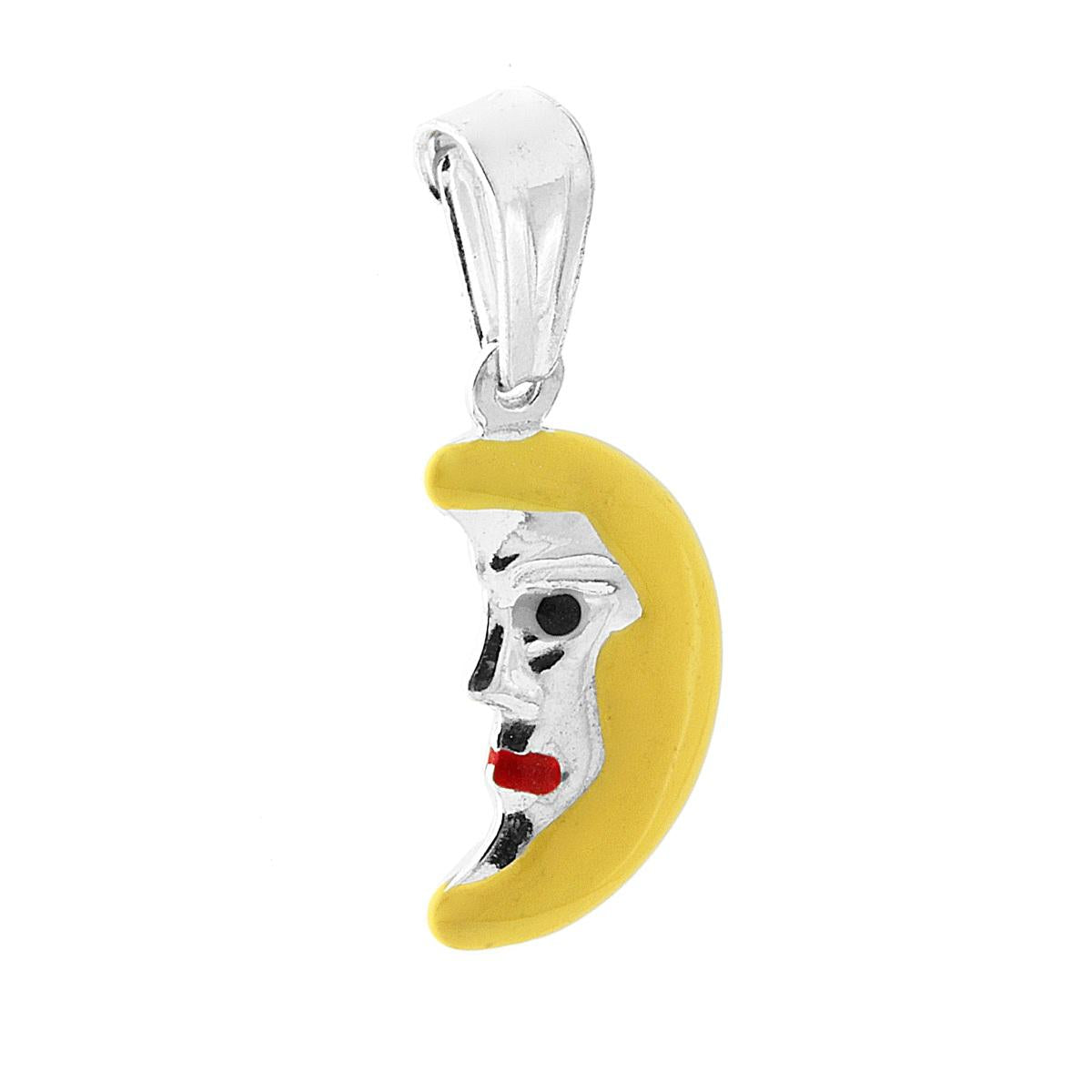 Ciondolo bombato, effetto tridimensionale, per Bimbo e Bimba, a forma di Luna con applicazione smalto colore Giallo.<BR>Made in Italy