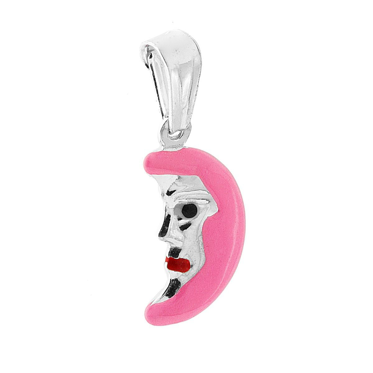 Ciondolo bombato, effetto tridimensionale, per Bimbo e Bimba, a forma di Luna con applicazione smalto colore Rosa.<BR>Made in Italy