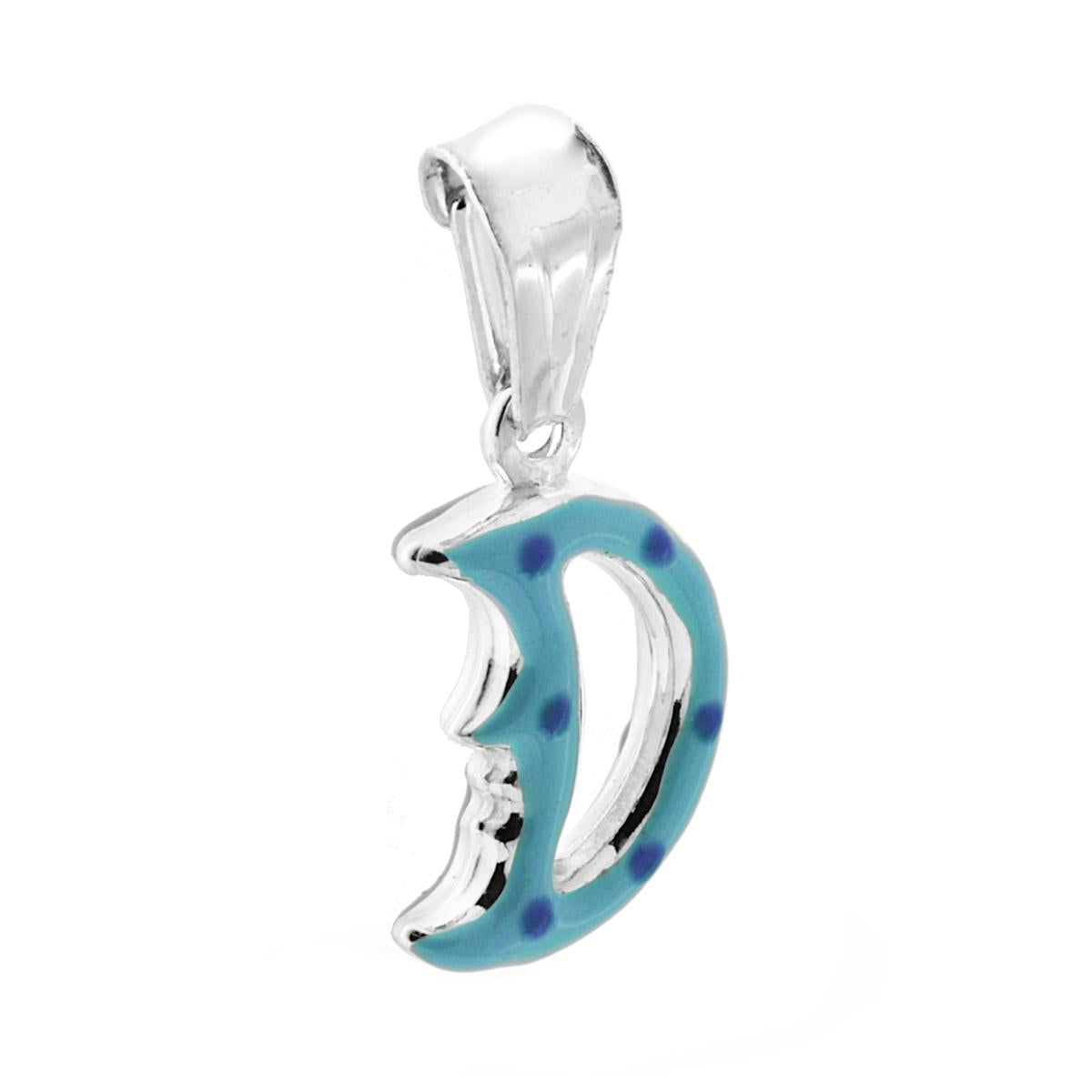 Ciondolo bombato, effetto tridimensionale, per Bimbo e Bimba, a forma di Luna con applicazione smalto colore Azzurro.<BR>Made in Italy