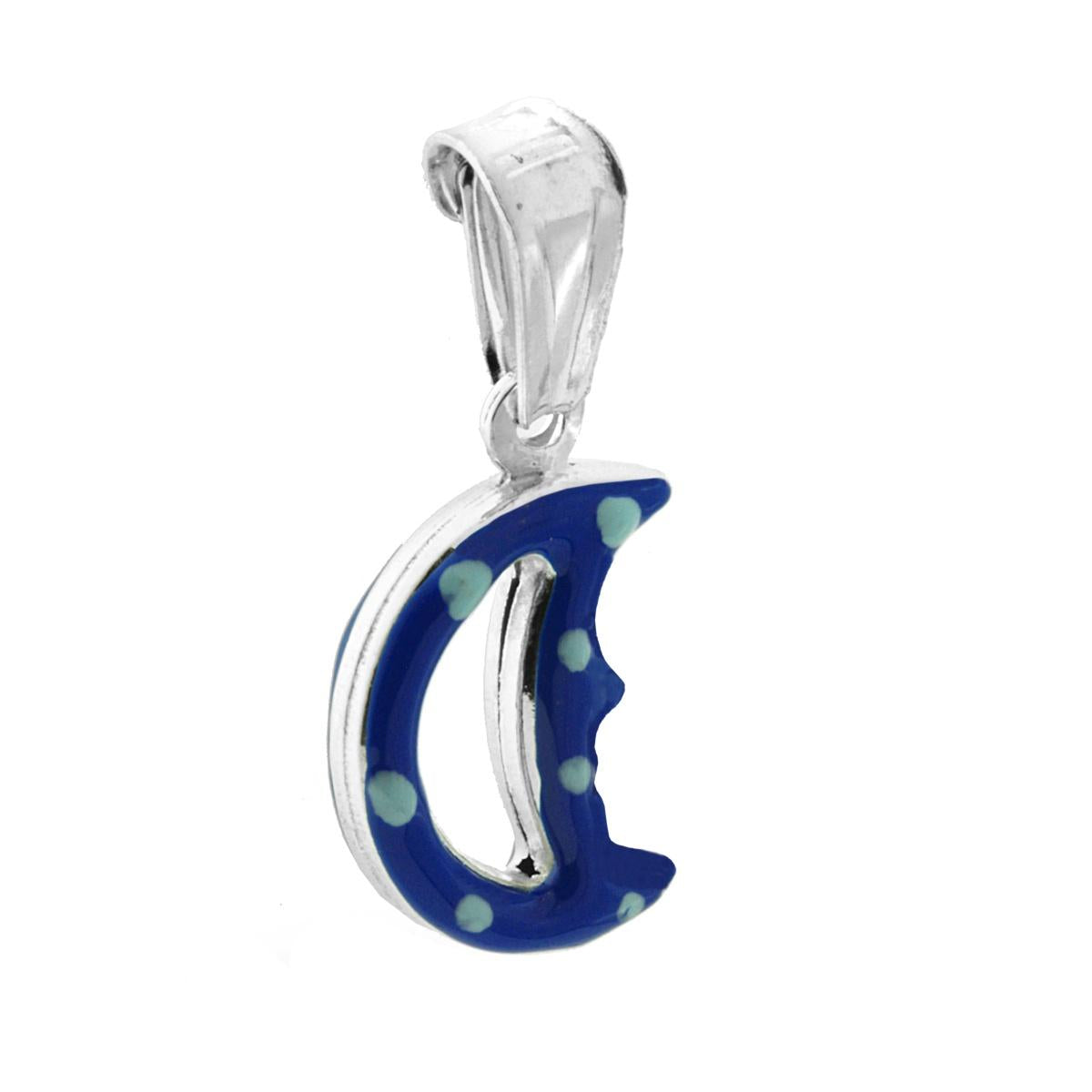 Ciondolo bombato, effetto tridimensionale, per Bimbo e Bimba, a forma di Luna con applicazione smalto colore Blu.<BR>Made in Italy