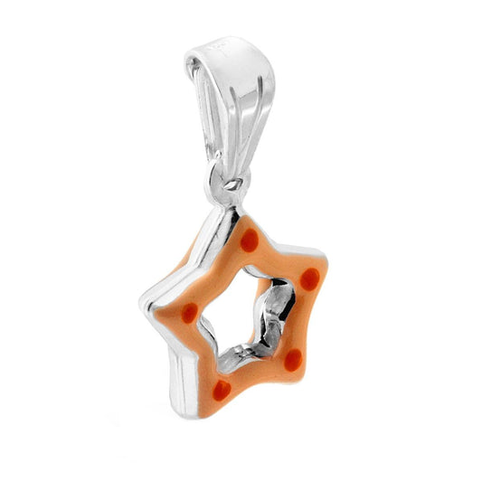 Ciondolo bombato, effetto tridimensionale, per Bimbo e Bimba, a forma di Stella con applicazione smalto colore Arancione.<BR>Made in Italy