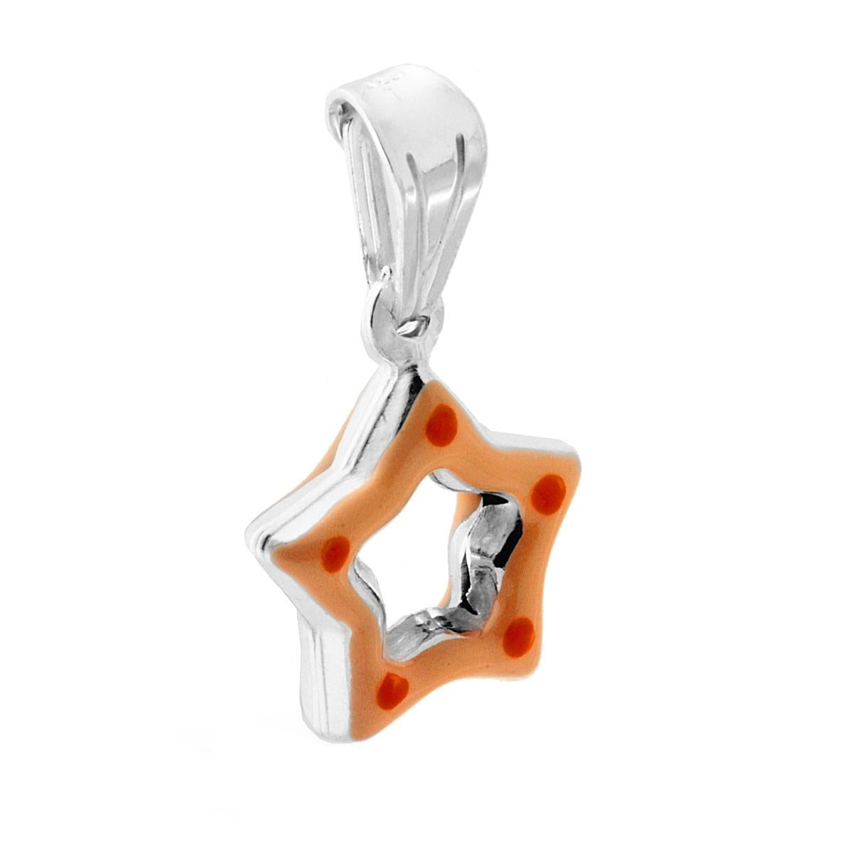 Ciondolo bombato, effetto tridimensionale, per Bimbo e Bimba, a forma di Stella con applicazione smalto colore Arancione.<BR>Made in Italy