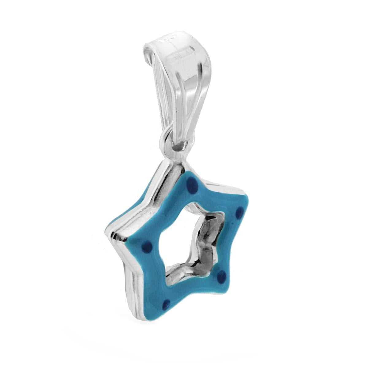 Ciondolo bombato, effetto tridimensionale, per Bimbo e Bimba, a forma di Stella con applicazione smalto colore Azzurro.<BR>Made in Italy