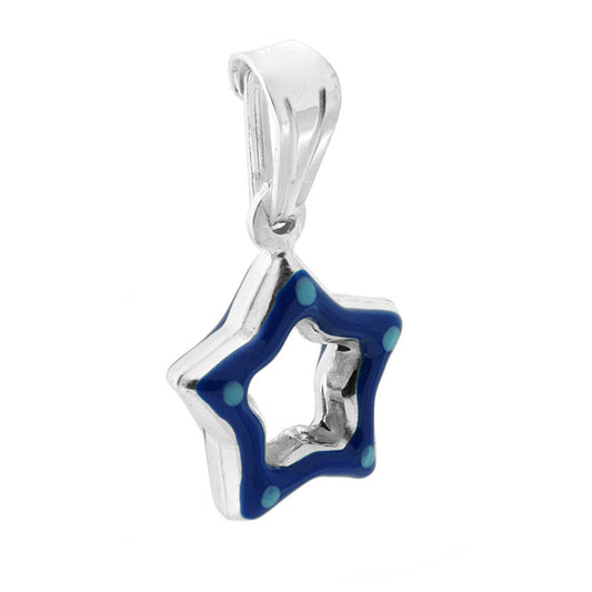 Ciondolo bombato, effetto tridimensionale, per Bimbo e Bimba, a forma di Stella con applicazione smalto colore Blu.<BR>Made in Italy