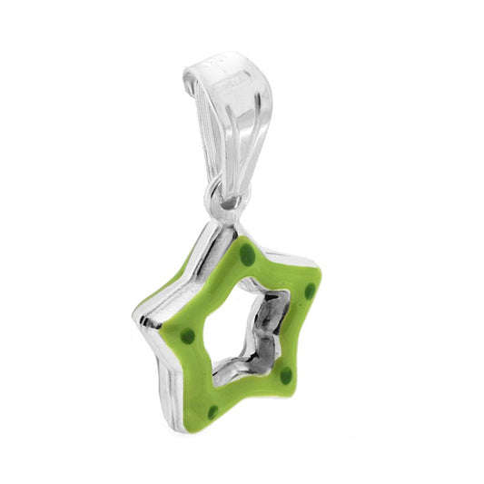 Ciondolo bombato, effetto tridimensionale, per Bimbo e Bimba, a forma di Stella con applicazione smalto colore Verde.<BR>Made in Italy