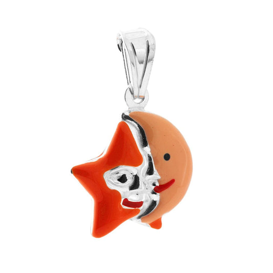 Ciondolo bombato, effetto tridimensionale, per Bimbo e Bimba, a forma di Stella e Luna con applicazione smalt colore Arancione.<BR>Made in Italy