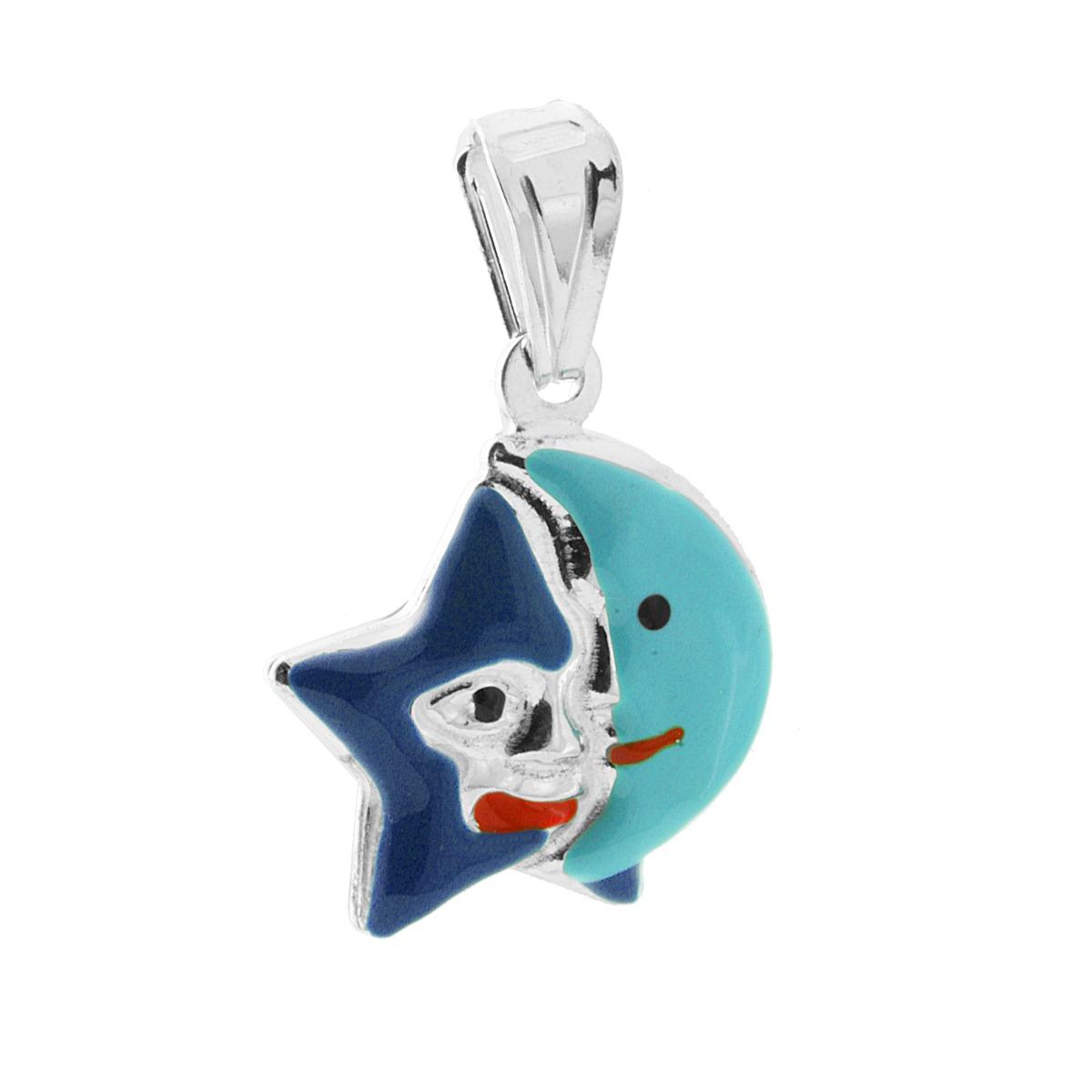 Ciondolo bombato, effetto tridimensionale, per Bimbo e Bimba, a forma di Stella e Luna con applicazione smalto colore Blu e Azzurro.<BR>Made in Italy