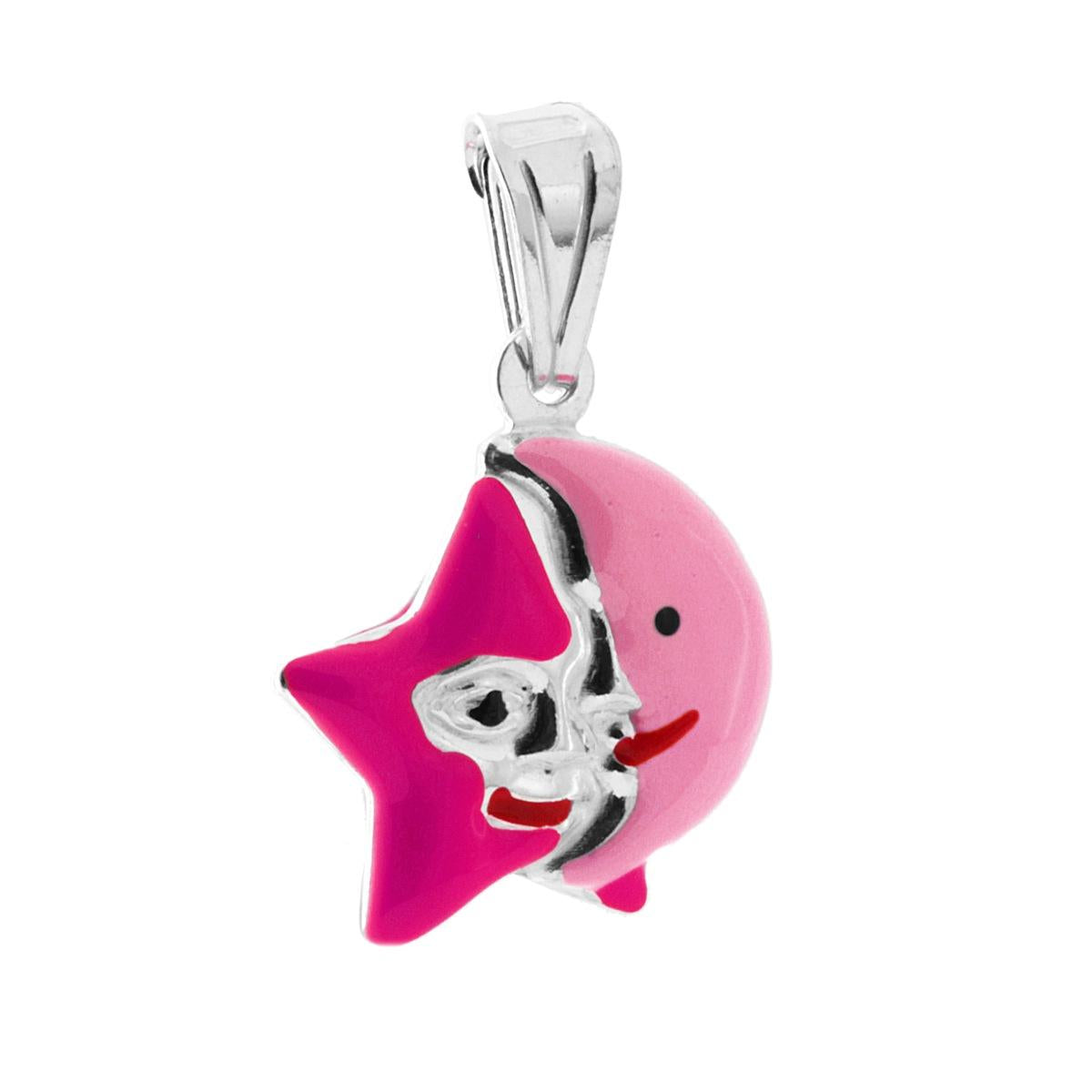 Ciondolo bombato, effetto tridimensionale, per Bimbo e Bimba, a forma di Stella e Luna con applicazione smalto colore Fucsia e Rosa.<BR>Made in Italy