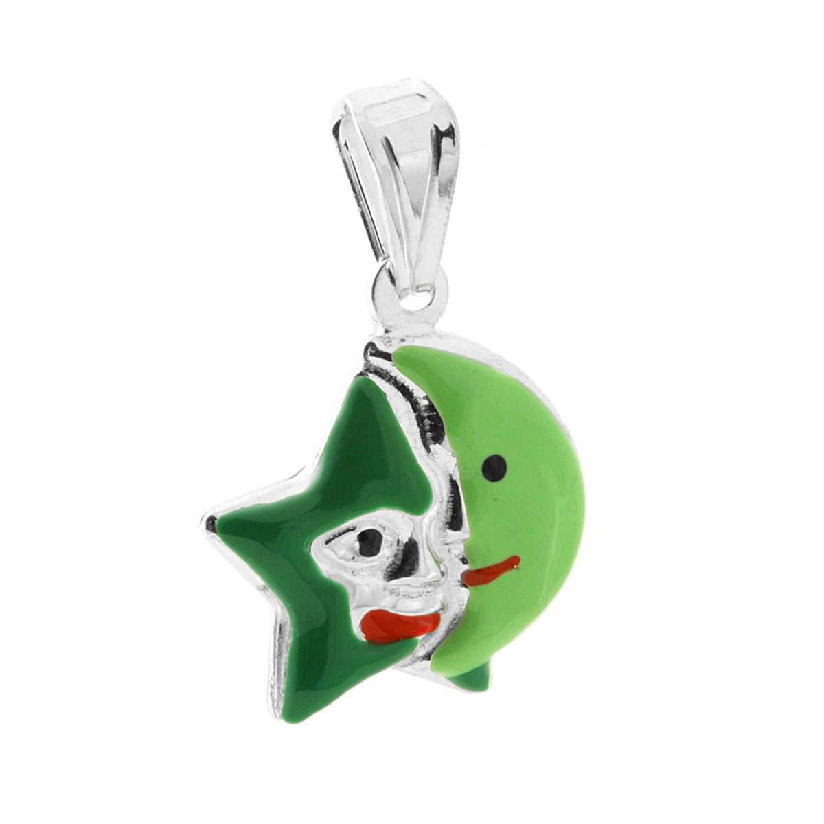 Ciondolo bombato, effetto tridimensionale, per Bimbo e Bimba, a forma di Stella e Luna con applicazione smalto colore Verde.<BR>Made in Italy