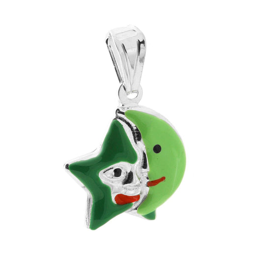 Ciondolo bombato, effetto tridimensionale, per Bimbo e Bimba, a forma di Stella e Luna con applicazione smalto colore Verde.<BR>Made in Italy