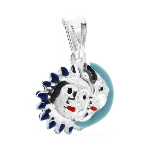 Ciondolo bombato, effetto tridimensionale, per Bimbo e Bimba, a forma di Sole e Luna con applicazione smalt colore Azzurro.<BR>Made in Italy