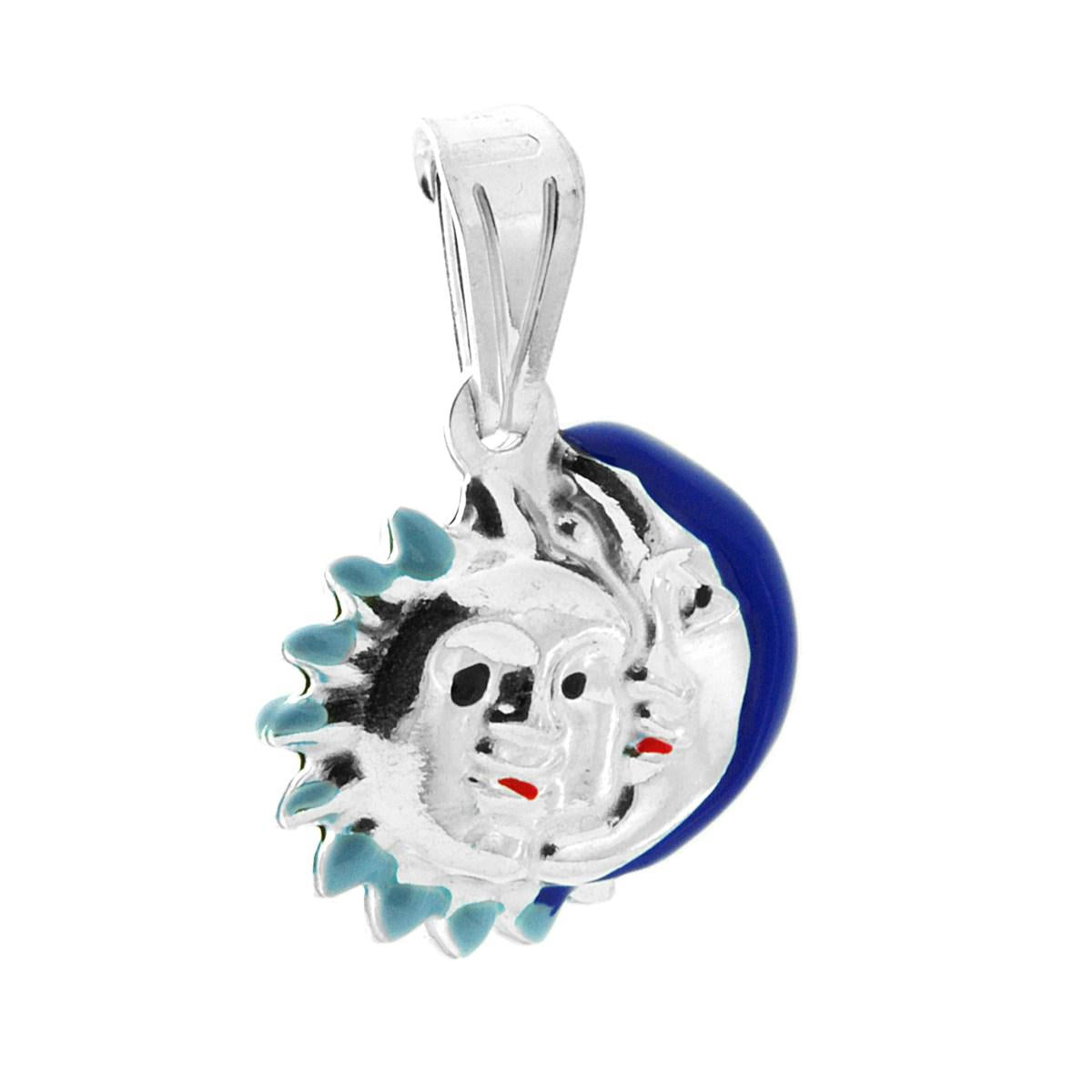 Ciondolo bombato, effetto tridimensionale, per Bimbo e Bimba, a forma di Sole e Luna con applicazione smalt colore Blu.<BR>Made in Italy