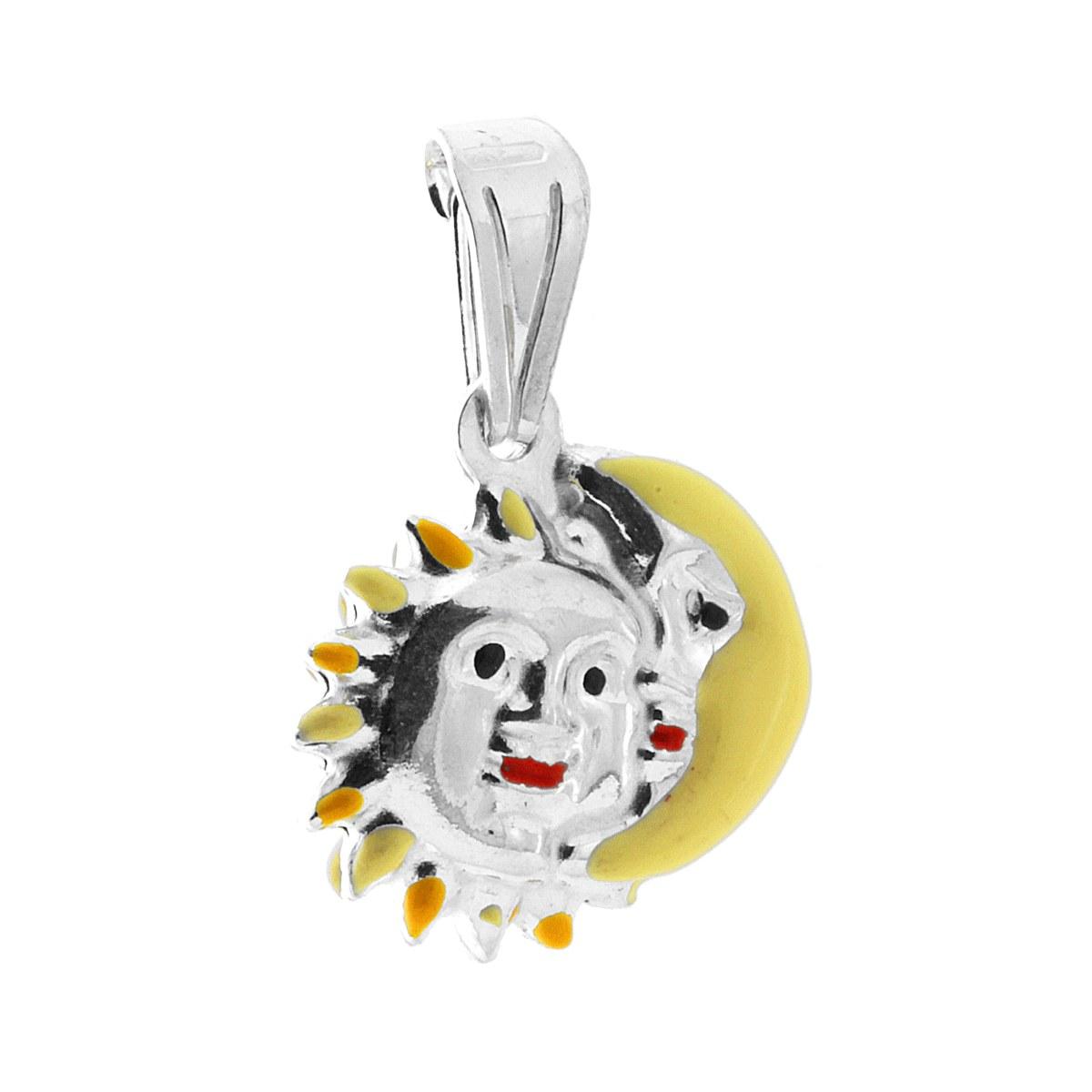 Ciondolo bombato, effetto tridimensionale, per Bimbo e Bimba, a forma di Sole e Luna con applicazione smalt colore Giallo.<BR>Made in Italy