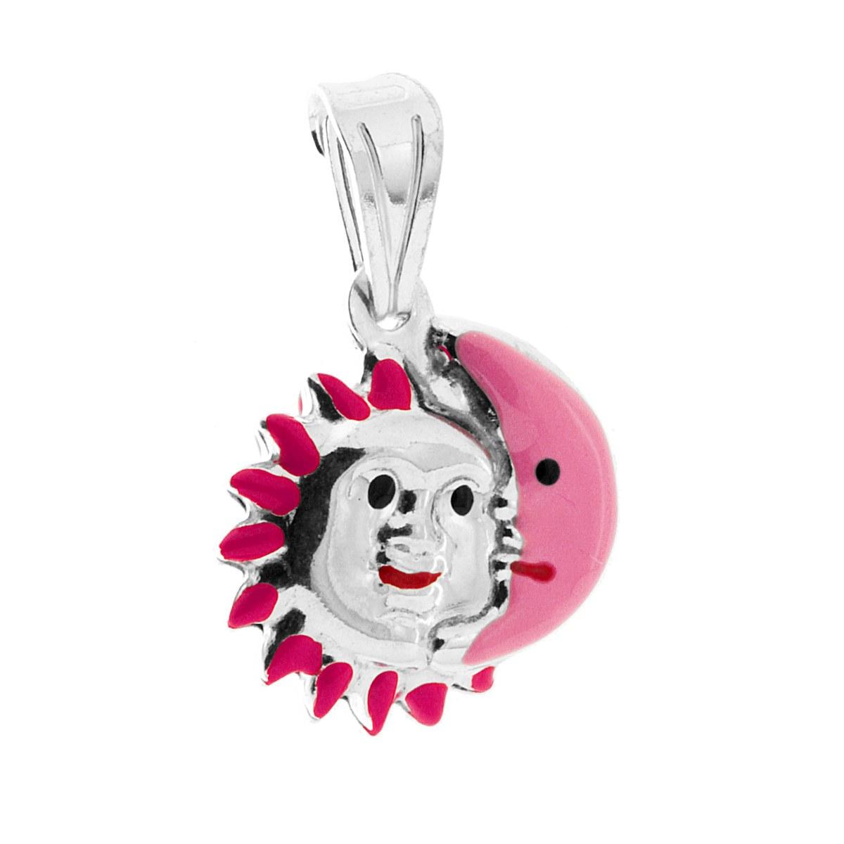 Ciondolo bombato, effetto tridimensionale, per Bimbo e Bimba, a forma di Sole e Luna con applicazione smalt colore Rosa.<BR>Made in Italy