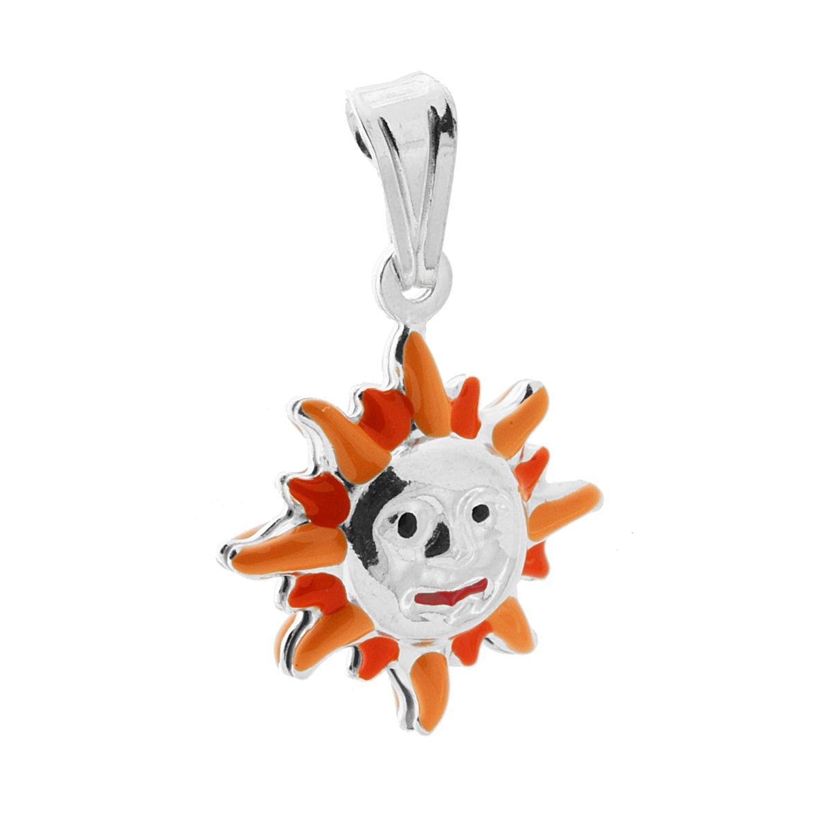 Ciondolo bombato, effetto tridimensionale, per Bimbo e Bimba, a forma di Sole con applicazione smalt colore Arancione.<BR>Made in Italy