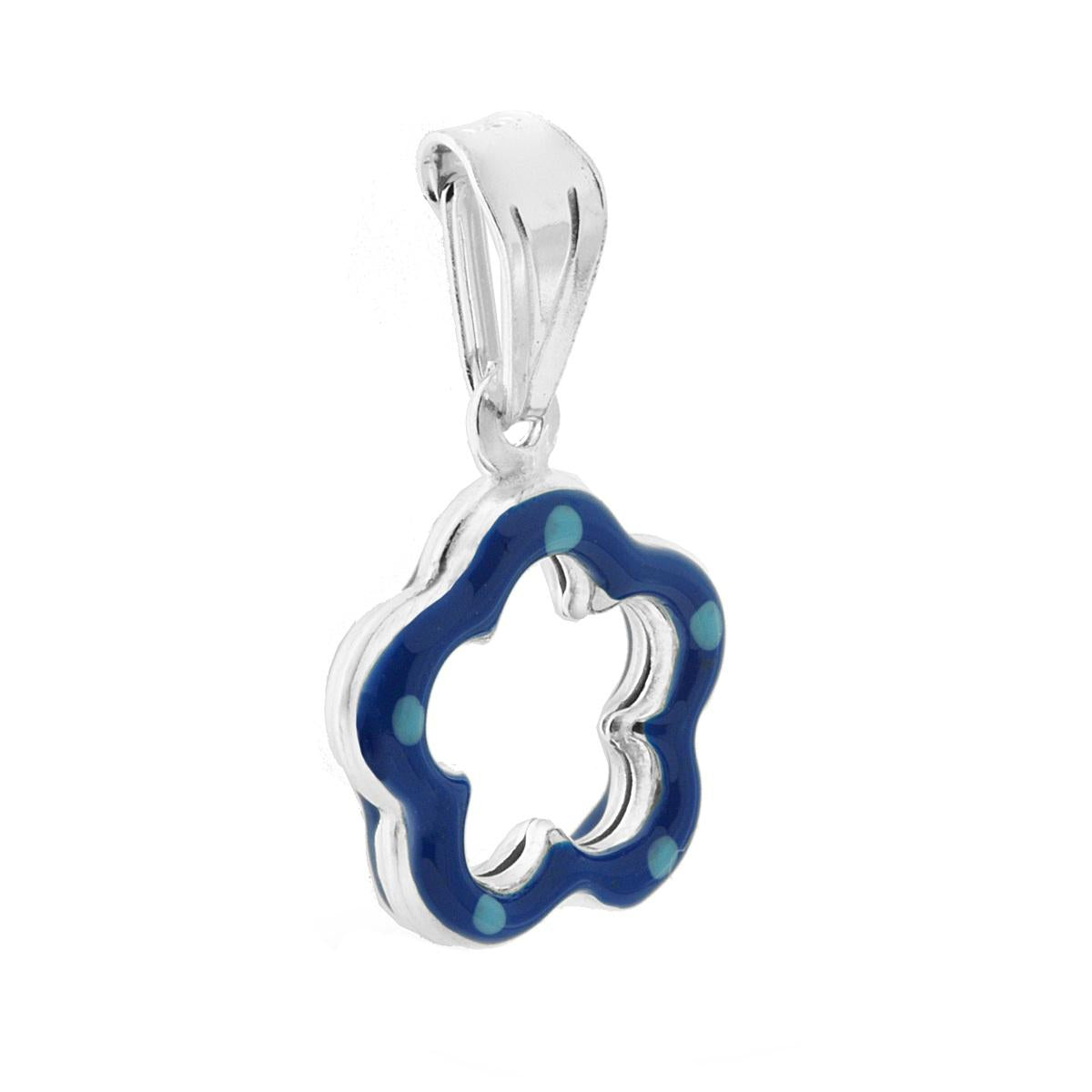 Ciondolo bombato, effetto tridimensionale, per Bimbo e Bimba, a forma di Fiore con applicazione smalto colore Blu.<BR>Made in Italy