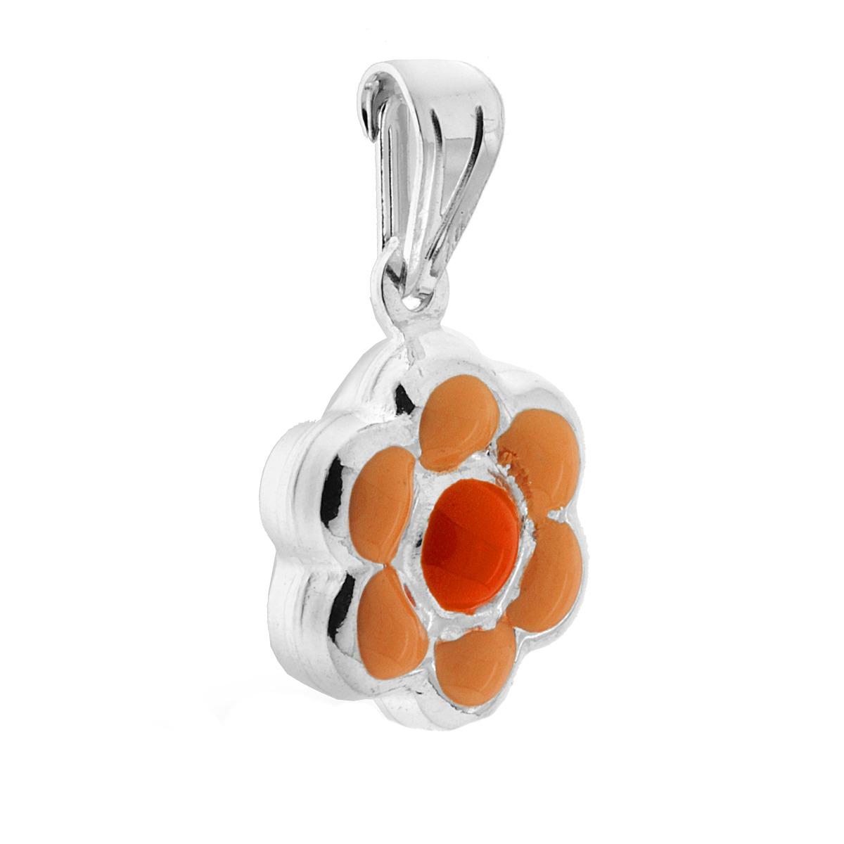 Ciondolo bombato, effetto tridimensionale, per Bimbo e Bimba, a forma di Fiore con applicazione smalto colore Arancione.<BR>Made in Italy