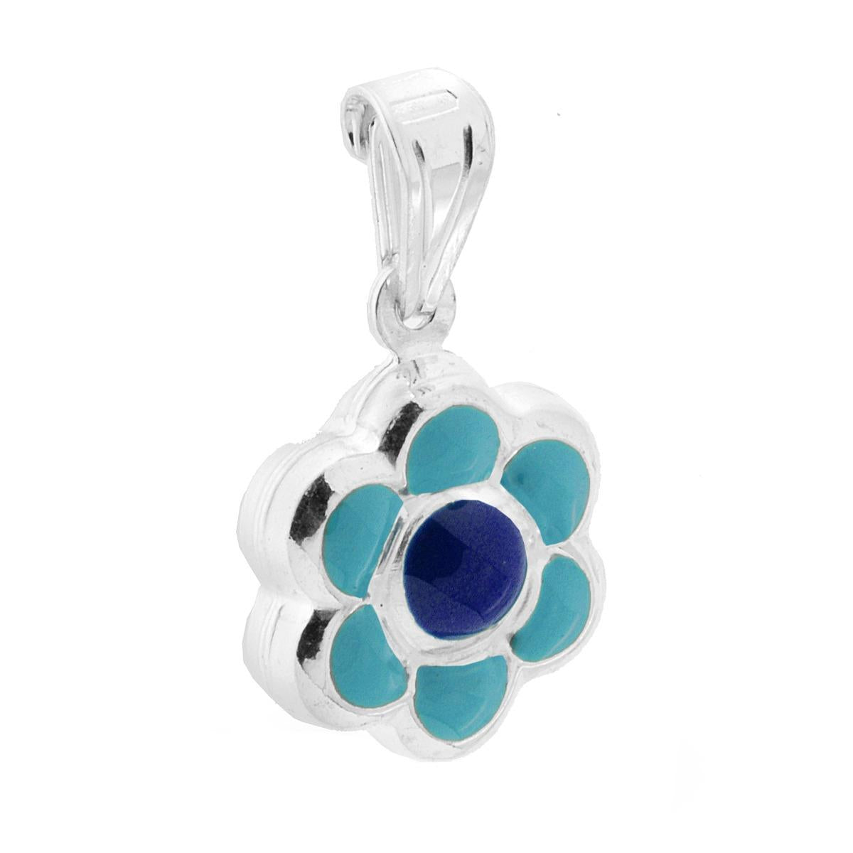 Ciondolo bombato, effetto tridimensionale, per Bimbo e Bimba, a forma di Fiore con applicazione smalto colore Azzurro.<BR>Made in Italy