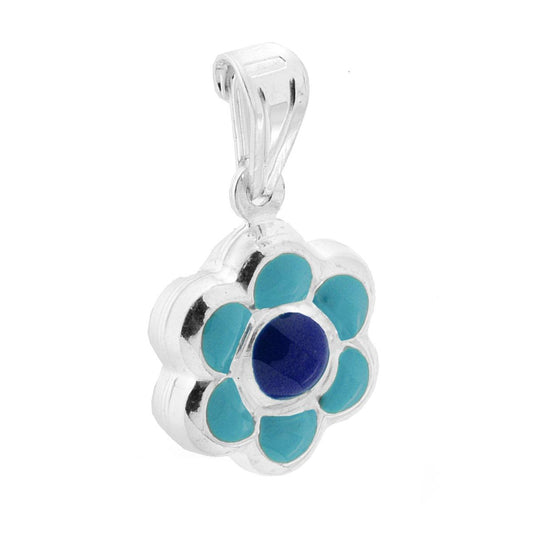 Ciondolo bombato, effetto tridimensionale, per Bimbo e Bimba, a forma di Fiore con applicazione smalto colore Azzurro.<BR>Made in Italy