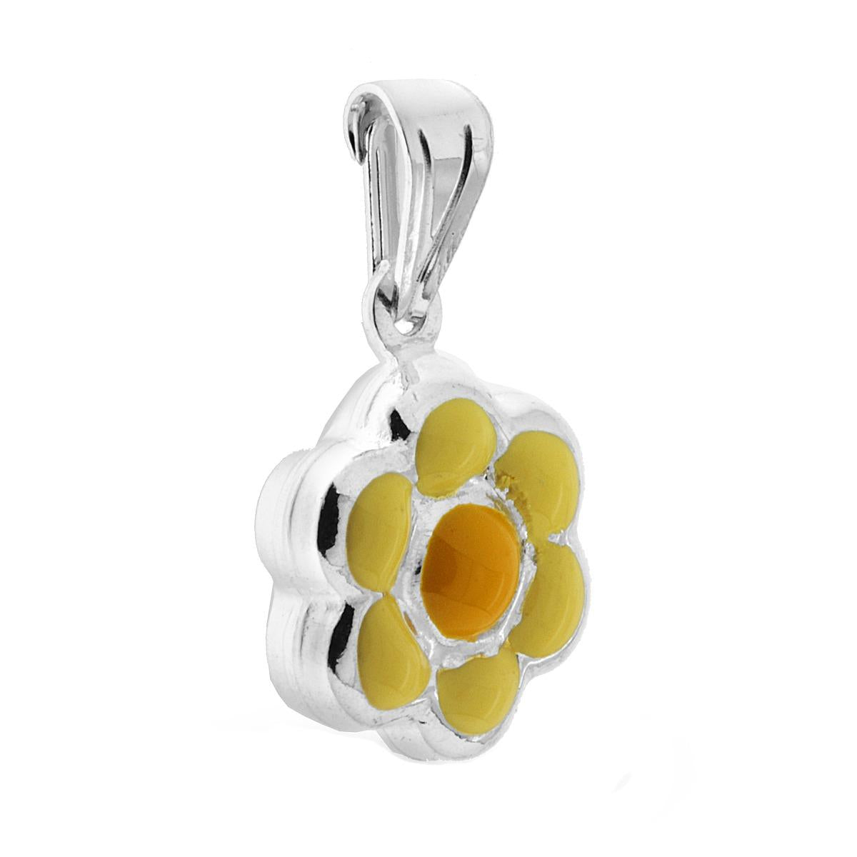 Ciondolo bombato, effetto tridimensionale, per Bimbo e Bimba, a forma di Fiore con applicazione smalto colore Giallo.<BR>Made in Italy