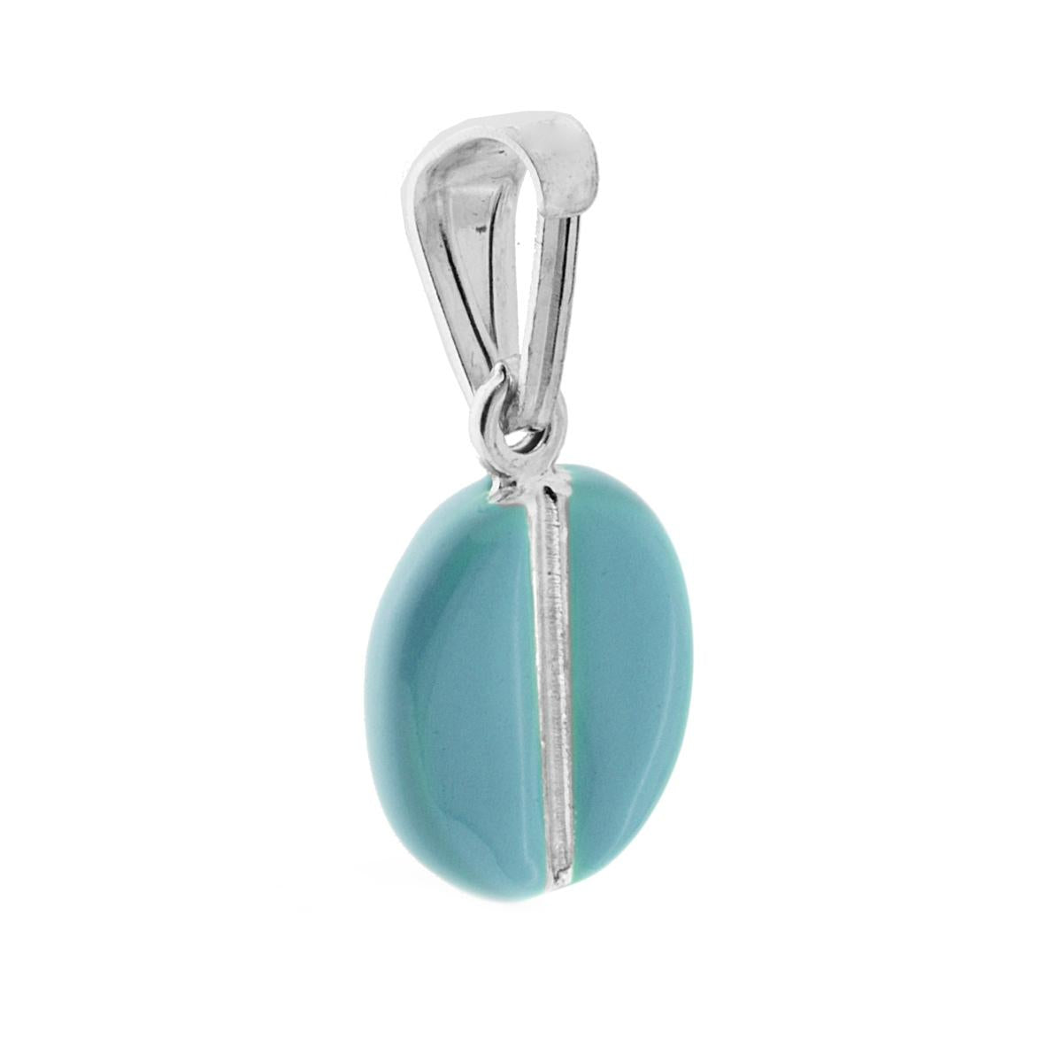 Ciondolo bombato, effetto tridimensionale, a forma di Chicco di Caffč con applicazione smalto colore Azzurro.<BR>Made in Italy