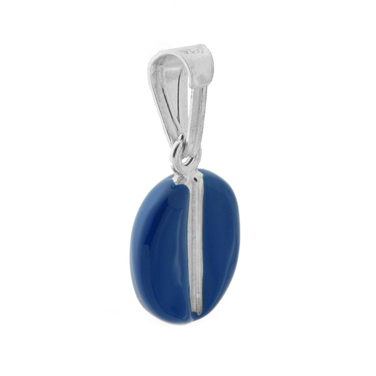Ciondolo bombato, effetto tridimensionale, a forma di Chicco di Caffč con applicazione smalto colore Blu.<BR>Made in Italy