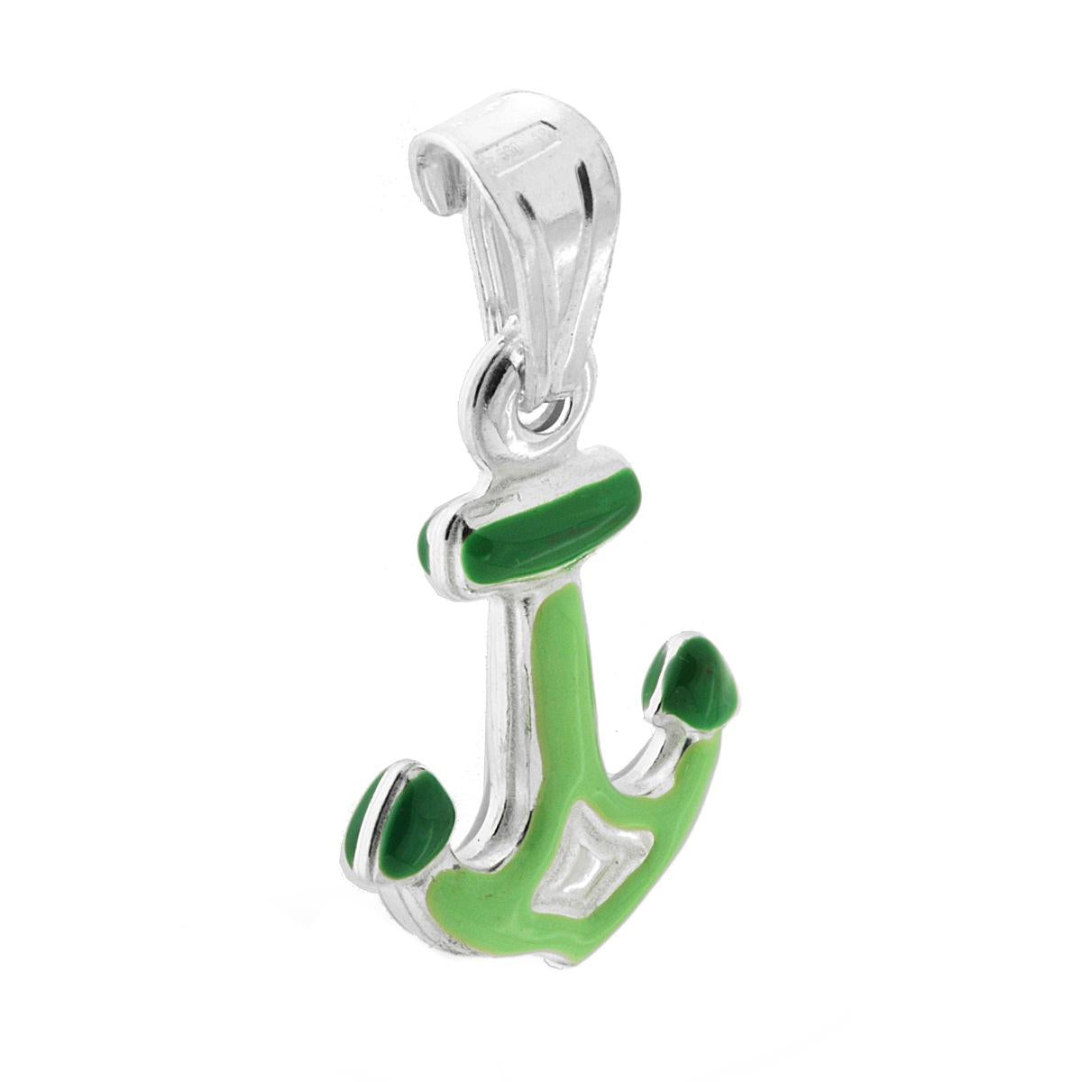 Ciondolo bombato, effetto tridimensionale, per Bimbo e Bimba, a forma di Ancora con applicazione smalto colore Verde.<BR>Made in Italy
