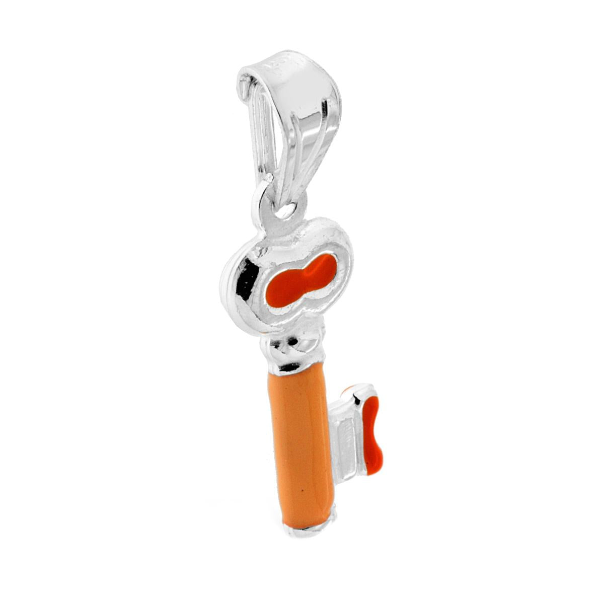 Ciondolo bombato, effetto tridimensionale, per Bimbo e Bimba, a forma di Chiave con applicazione smalto colore Arancione.<BR>Made in Italy