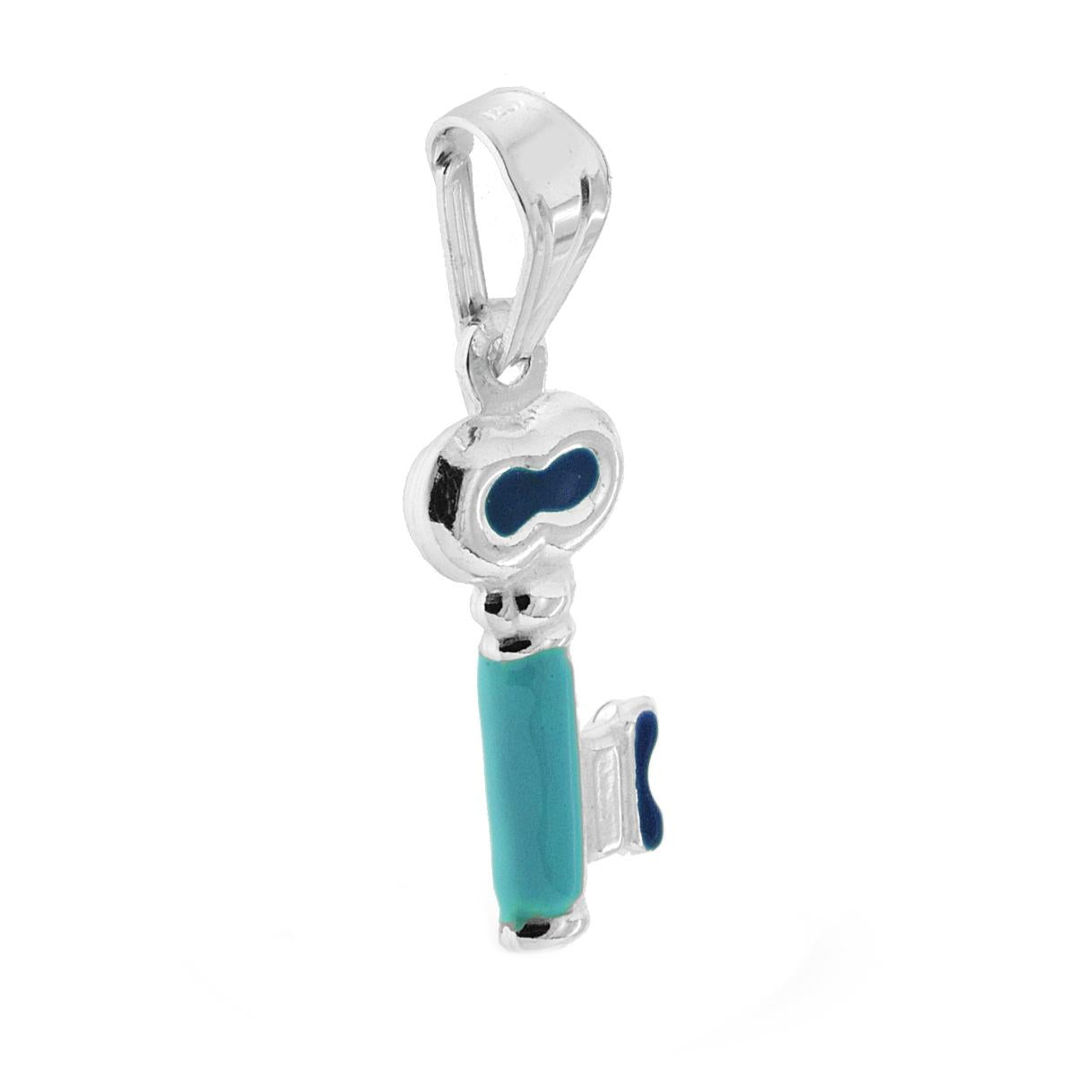 Ciondolo bombato, effetto tridimensionale, per Bimbo e Bimba, a forma di Chiave con applicazione smalto colore Azzurro.<BR>Made in Italy