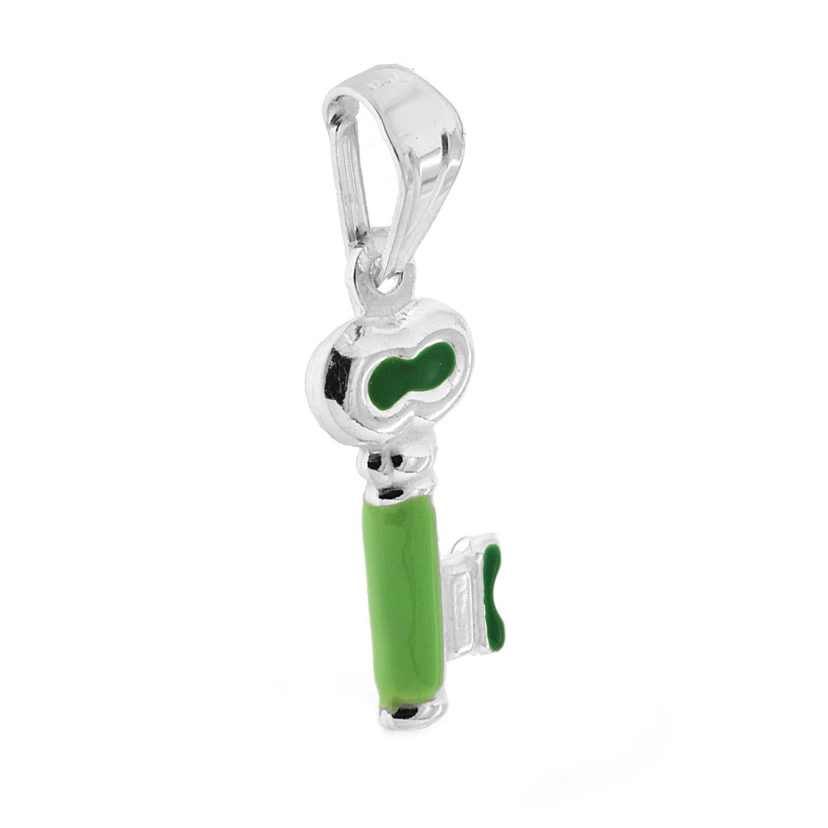 Ciondolo bombato, effetto tridimensionale, per Bimbo e Bimba, a forma di Chiave con applicazione smalto colore Verde.<BR>Made in Italy