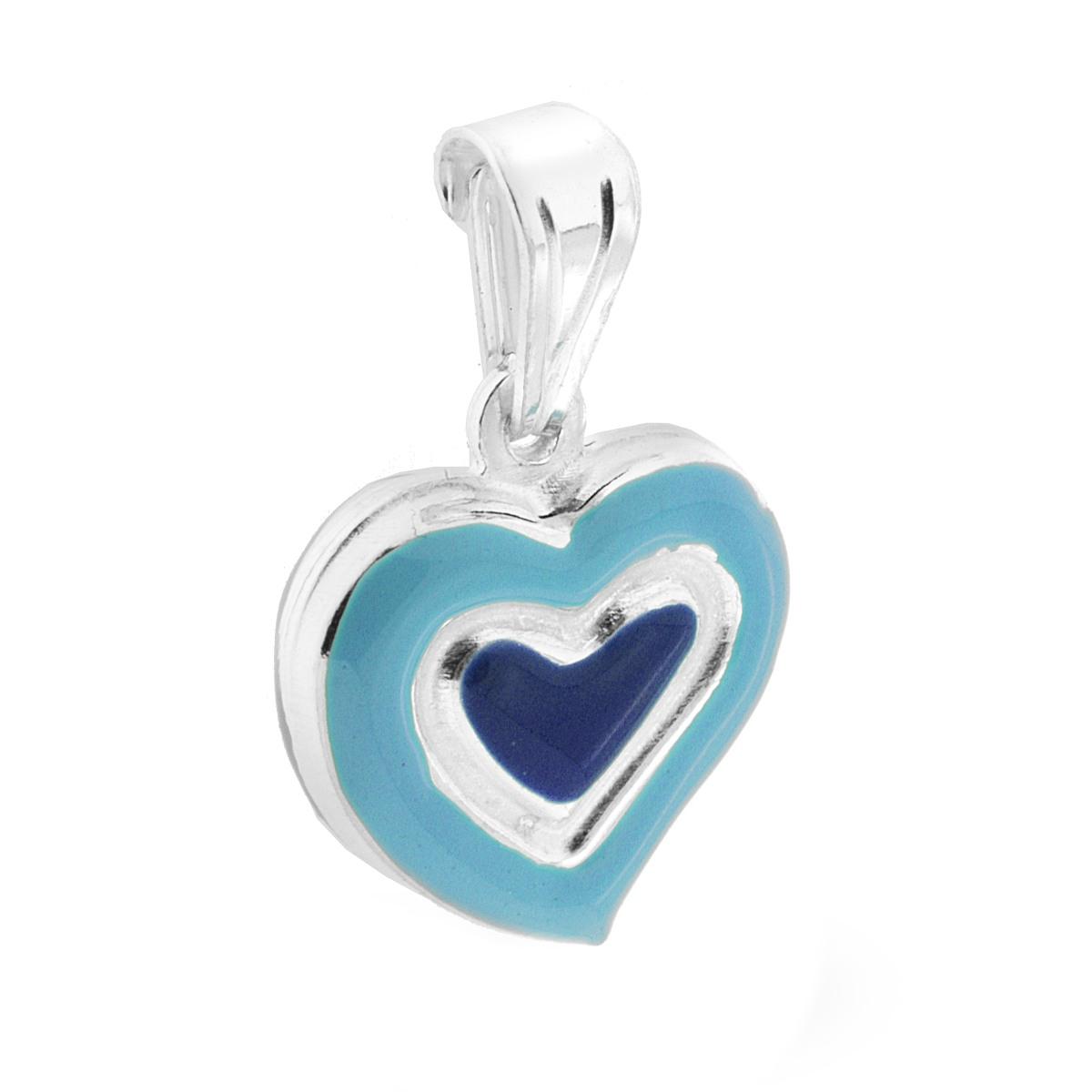 Ciondolo bombato, effetto tridimensionale, per Bimbo e Bimba, a forma di Cuore con applicazione smalto colore Azzurro.<BR>Made in Italy
