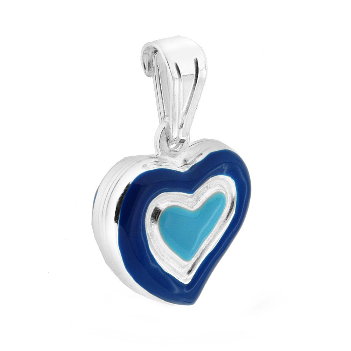 Ciondolo bombato, effetto tridimensionale, per Bimbo e Bimba, a forma di Cuore con applicazione smalto colore Blu.<BR>Made in Italy