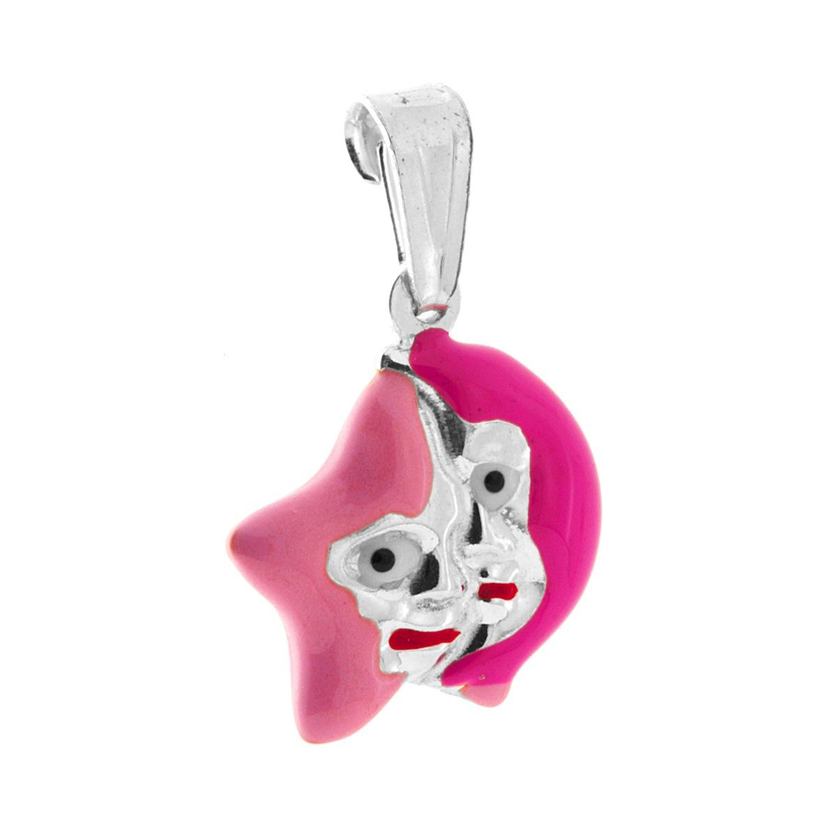 Ciondolo bombato, effetto tridimensionale, per Bimbo e Bimba, a forma di Stella e Luna con applicazione smalto colore Rosa e Fucsia.<BR>Made in Italy