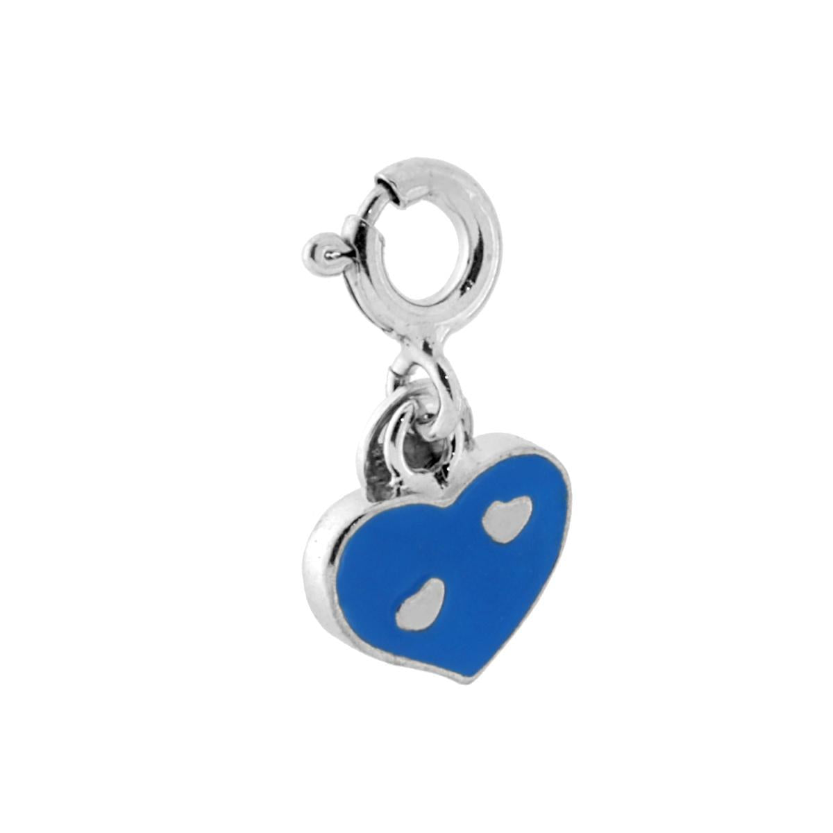 Ciondolo a forma di cuore con applicazione smalto colore azzurro, contromaglia con chiusura a gancio a molla.