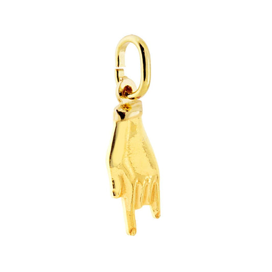 Ciondolo a forma di Mano con Corna portafortuna in Argento Galvanica Rodio colore Oro.<BR>Made in Italy