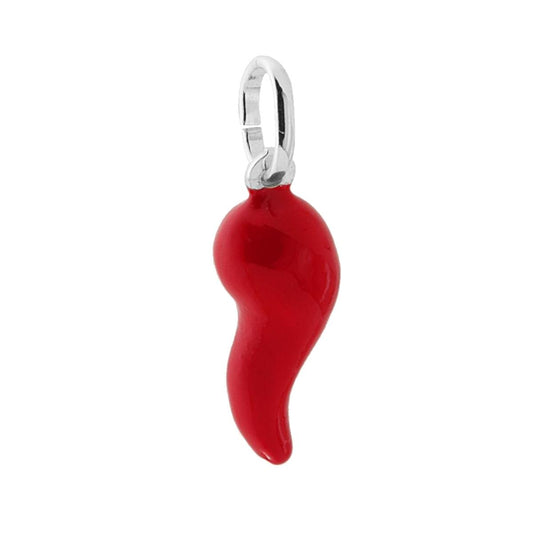 Ciondolo a forma di Cornetto portafortuna in Argento con applicazione smalto colore Rosso.<BR>Made in Italy