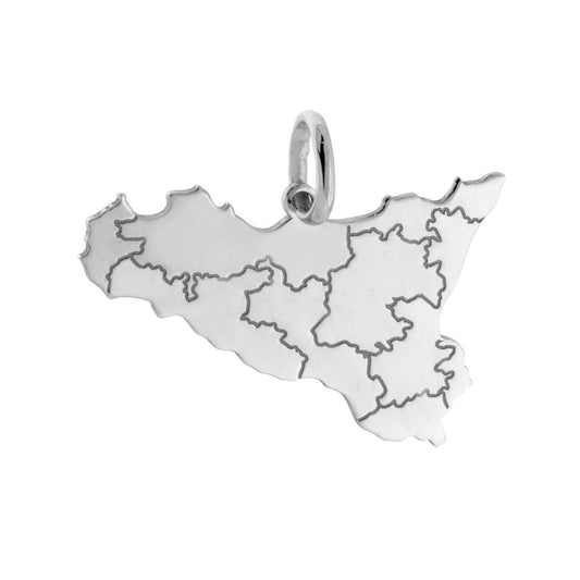 Ciondolo sagoma a forma di Sicilia con lavorazione liscia e lucida. Incisione laser con province.<BR>Made in Italy