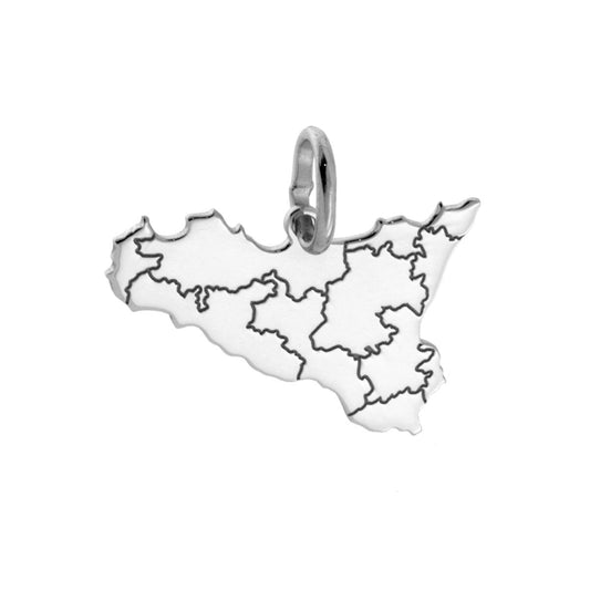 Ciondolo sagoma a forma di Sicilia con lavorazione liscia e lucida. Incisione laser con province.<BR>Made in Italy