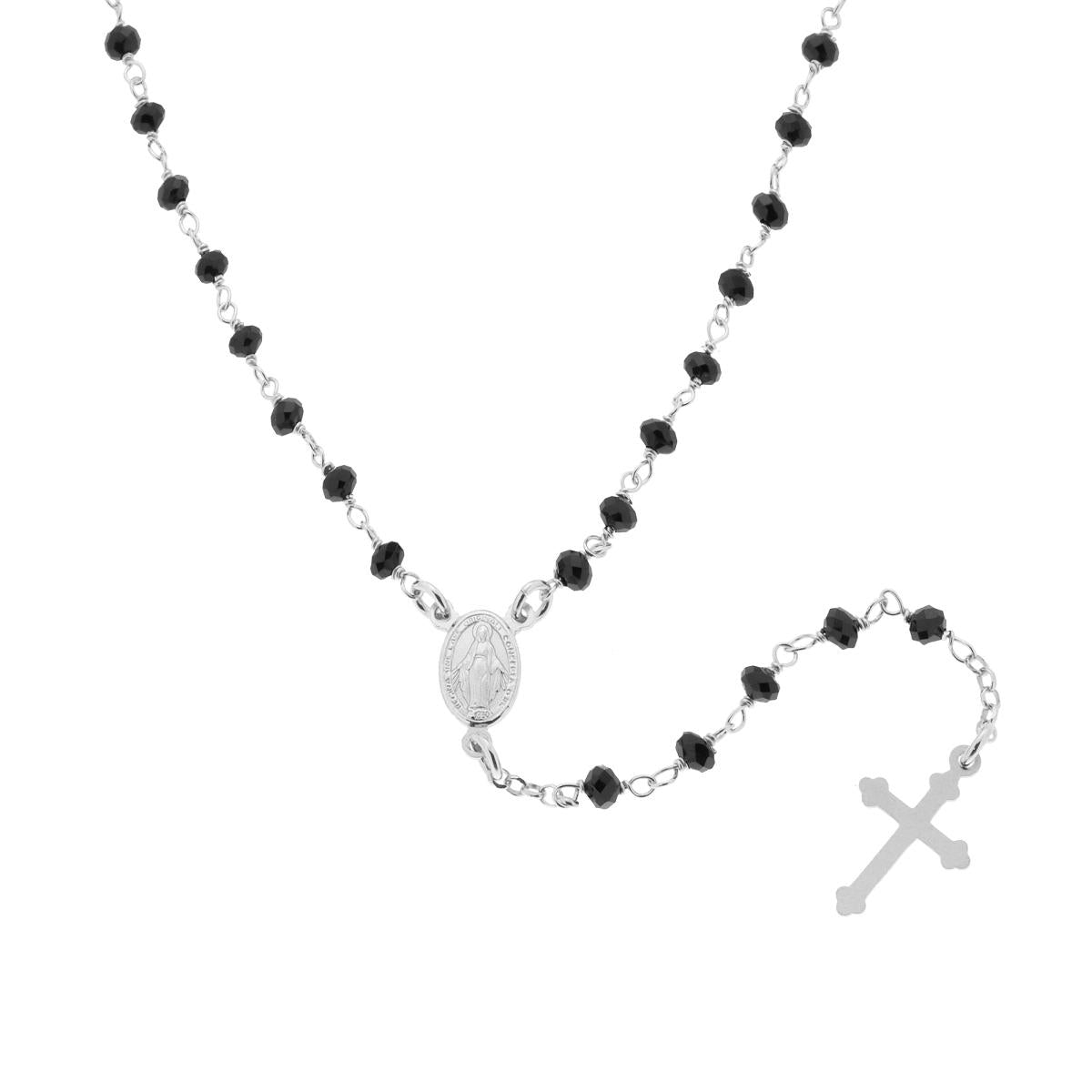 Collana Rosario cm 50 con Grani in Crystal colore Nero mm 3.5 in ARGENTO 925 Galvanica Rodio