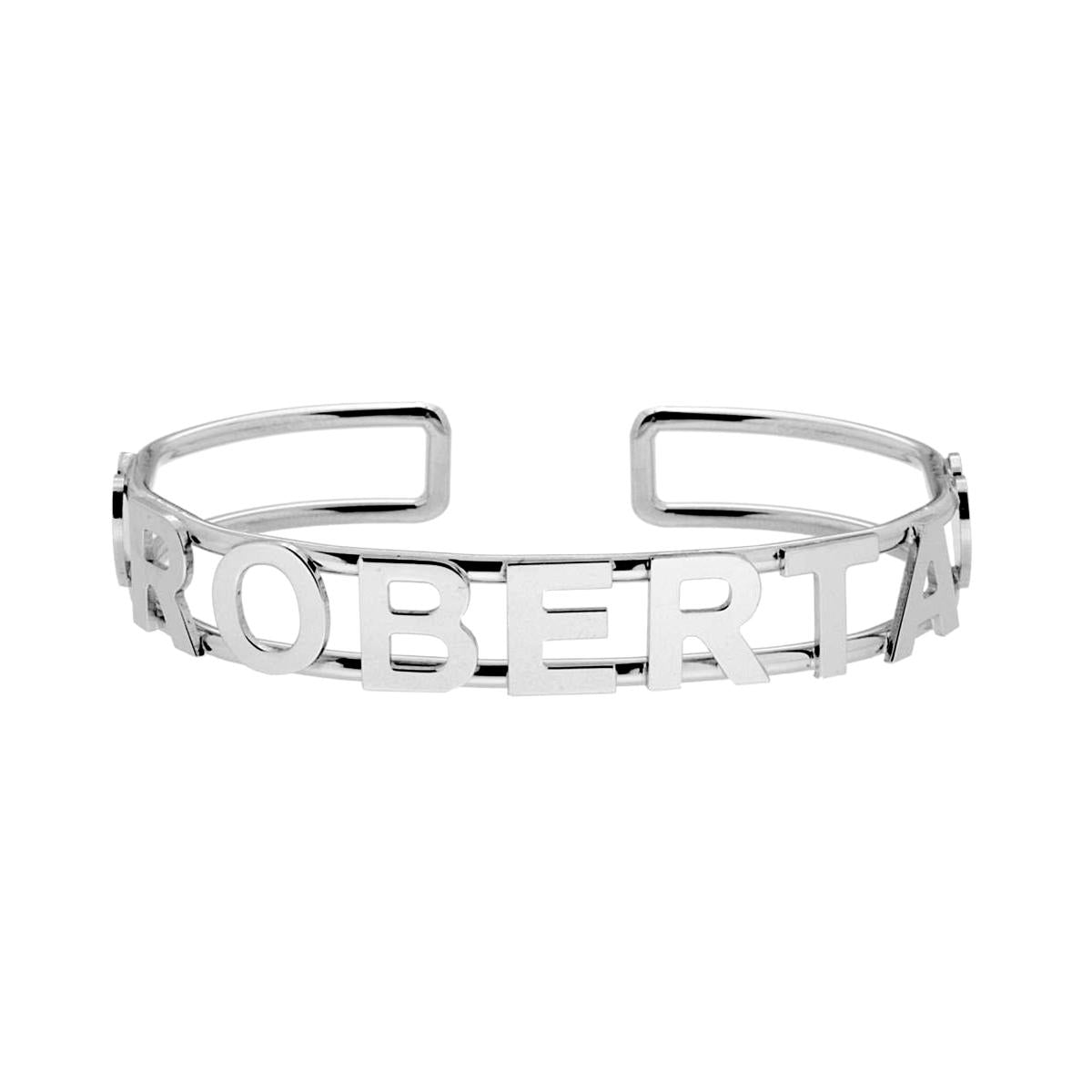Bracciale Rigido con nome ROBERTA e Cuori Plain in ARGENTO 925 Galvanica Rodio