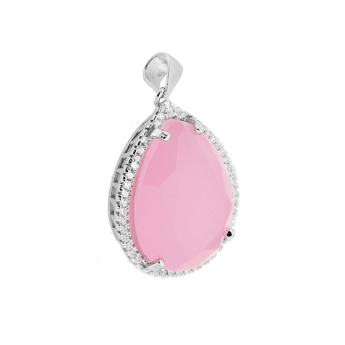 Ciondolo a forma di Goccia con pietra Rosa sfaccettata contornata con Zirconi Bianchi.
